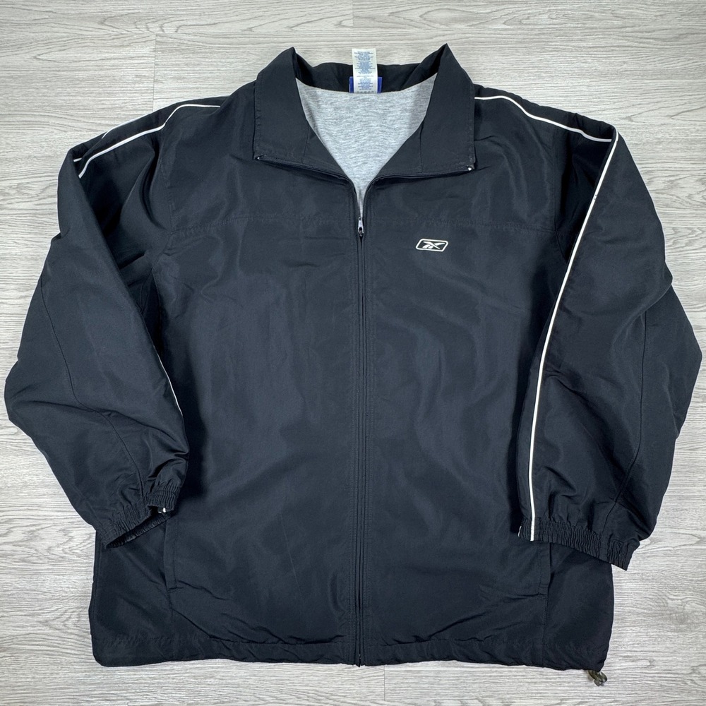 Reebok Men's Jacket Windbreaker Black XL Full‎ Zip Jersey Lined White Piping